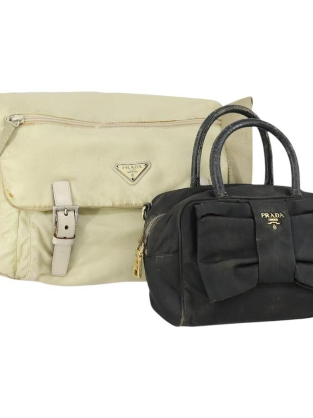 PRADA Tote Bag Nylon 2 Set Black Beige Auth 157078